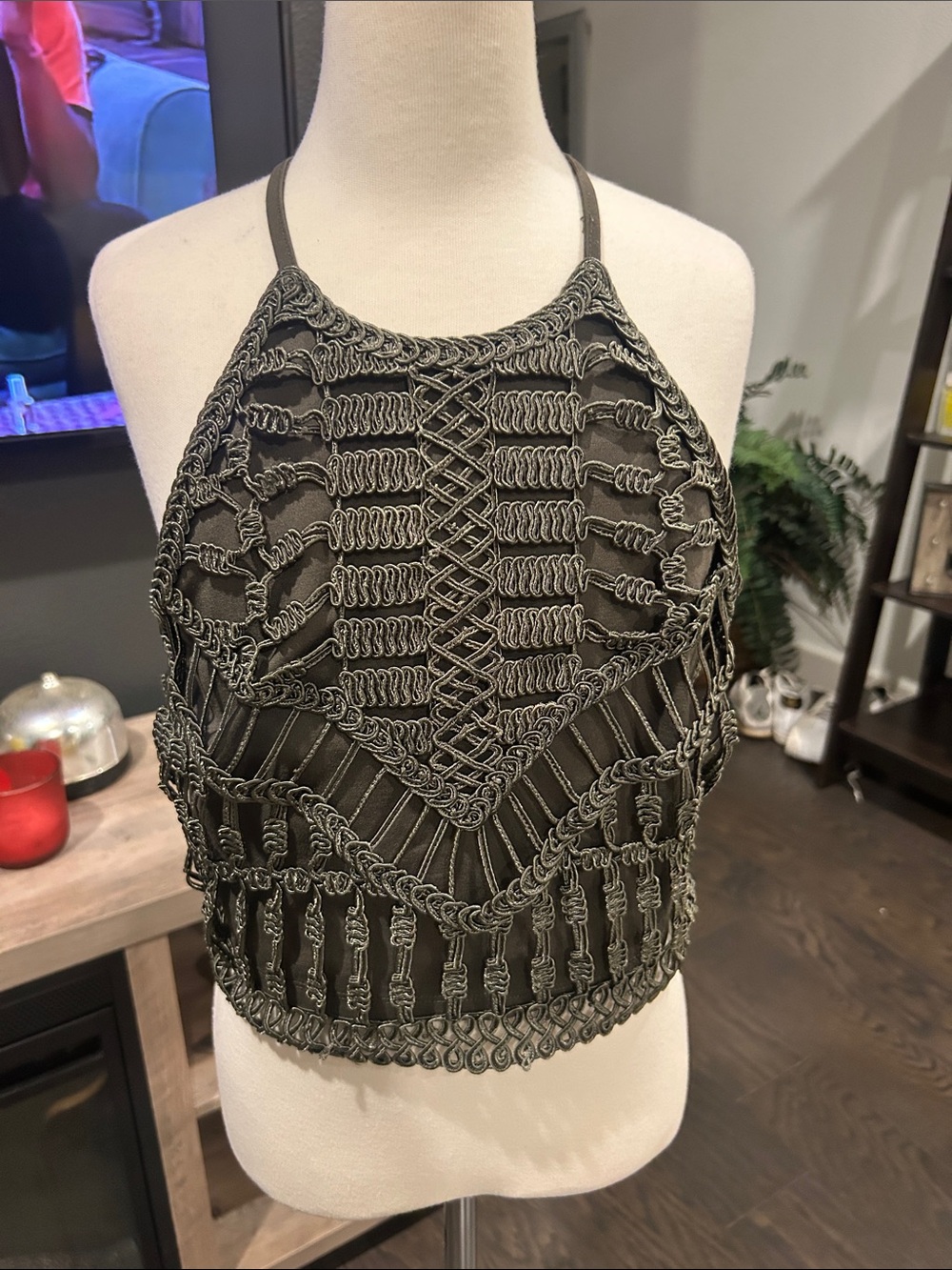 H&M Olive Green Crochet Halter Crop Top